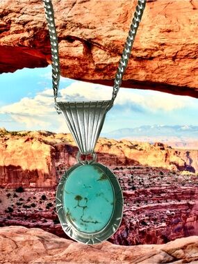 Sterling Silver Carol Felley Turquoise Pendant on 24 inch Flat Curb Link Chain
